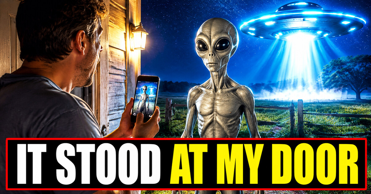 A shocked witness filming a grey alien outside a farmhouse while a luminous UFO hovers over the field